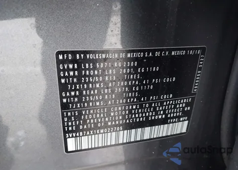 2019 Volkswagen Tiguan 2.0T Sel Premium/2.0T Sel Premium R-Line from USA, damaged, VIN 3VV4B7AX1KM022705